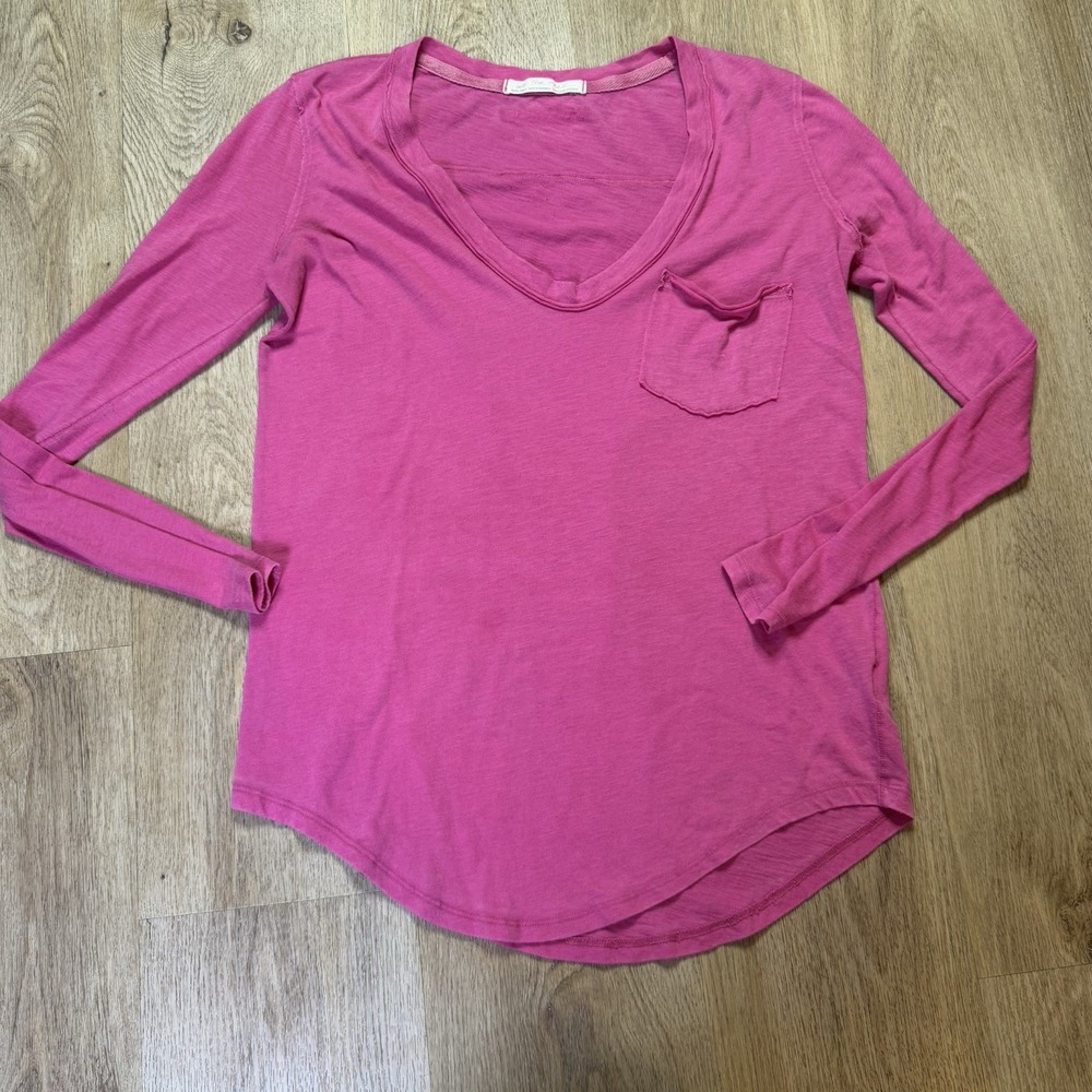 We The Free Betty Long Sleeve V Neck Pink Pocket Tee‎ Shirt Women's XS Slub Knit